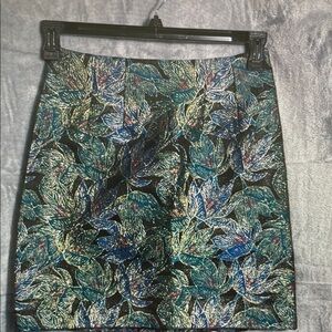 Iridescent Leaf-Print Pencil Skirt in Teal and Blue